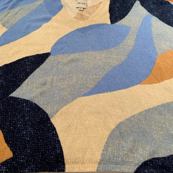 Nic+Zoe OCEAN ISLE Short Sleeve V Neck Loose Fitting Blue Geometric Knit SWEATER - Picture 15 of 16